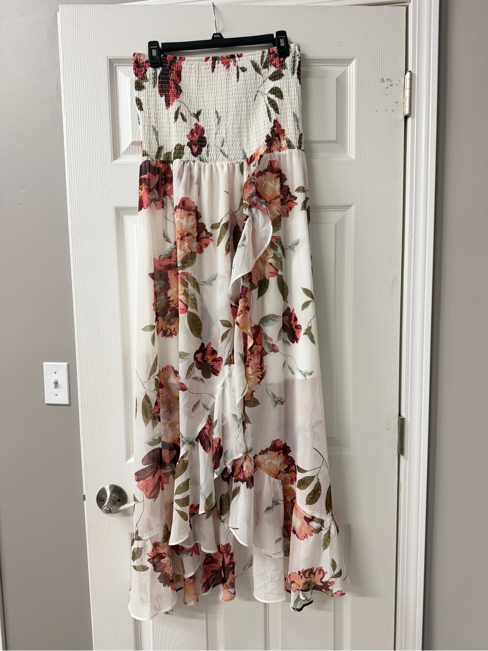 VENUS Ivory Strapless Maxi Dress with Orange, Red & Green Floral Great for Fall